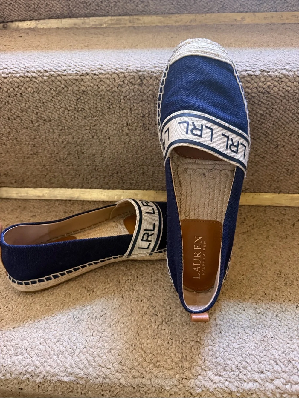 Lauren Ralph Lauren Navy Canvas Espadrille Slip-Ons with Raffia Toe